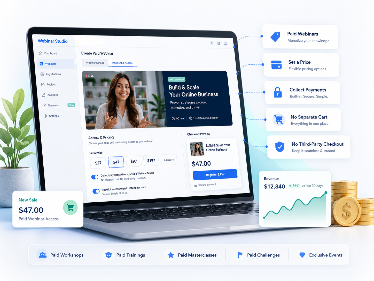 Webinar Studio paid webinars feature showing pricing, payments, and monetized webinar sales
